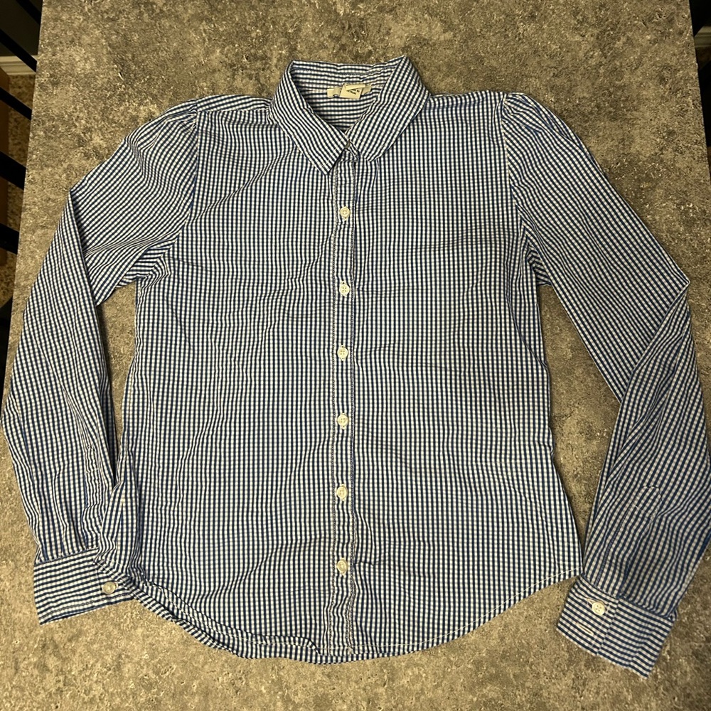 Forever 21 Women Top Small Blue Gingham Cotton Long Sleeve Casual Button Down